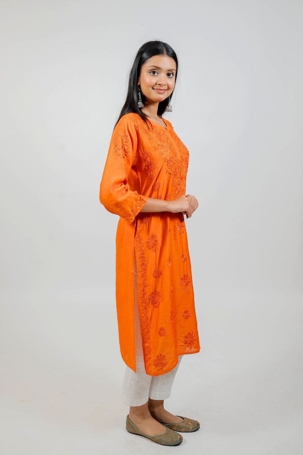 Rust Chanderi Silk Chikankari Kurti