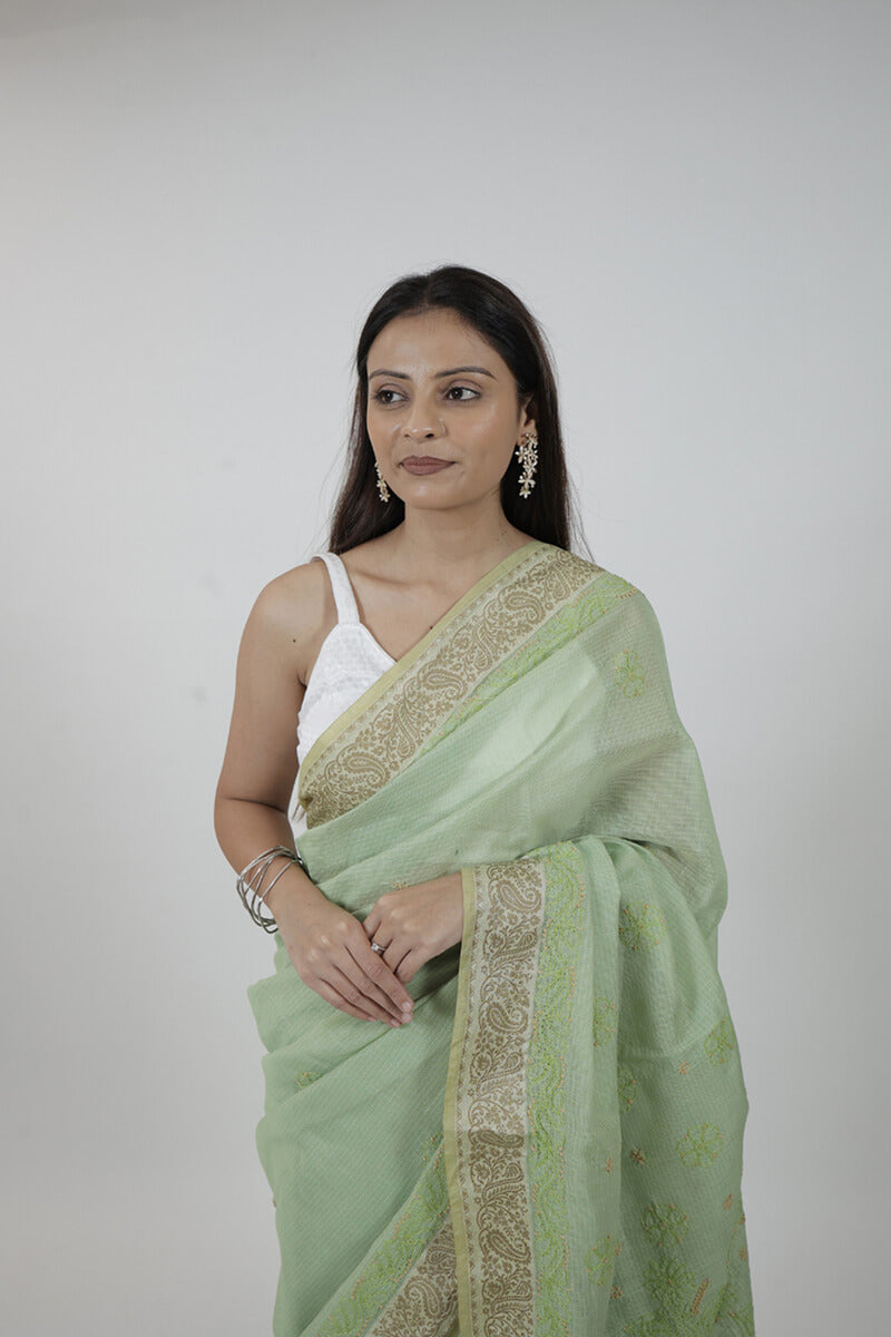 Green Kota Hand-Embroidered Chikankari Saree