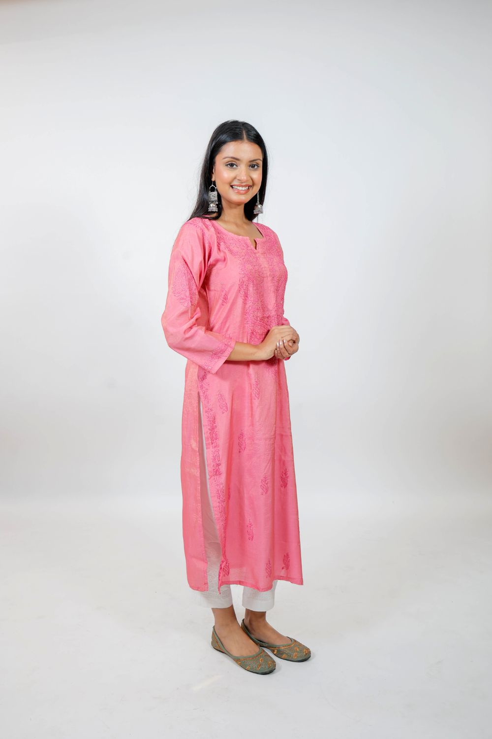 Pink Chanderi Silk Chikankari Kurti