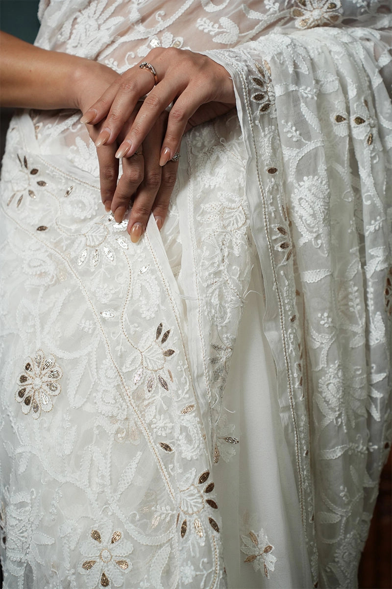 White Georgette Saree with Gotapatti Chikankari Embroidery