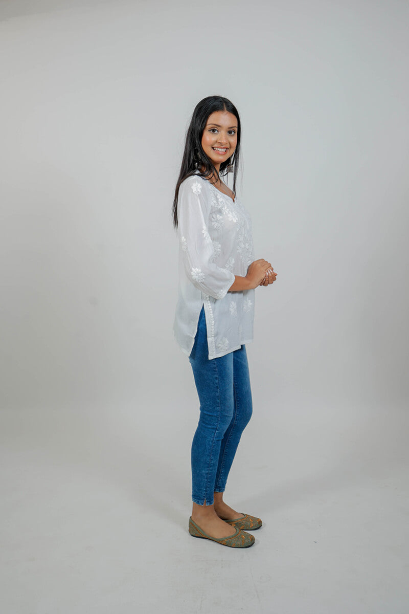 White Mul Cotton Chikankari Short Kurti