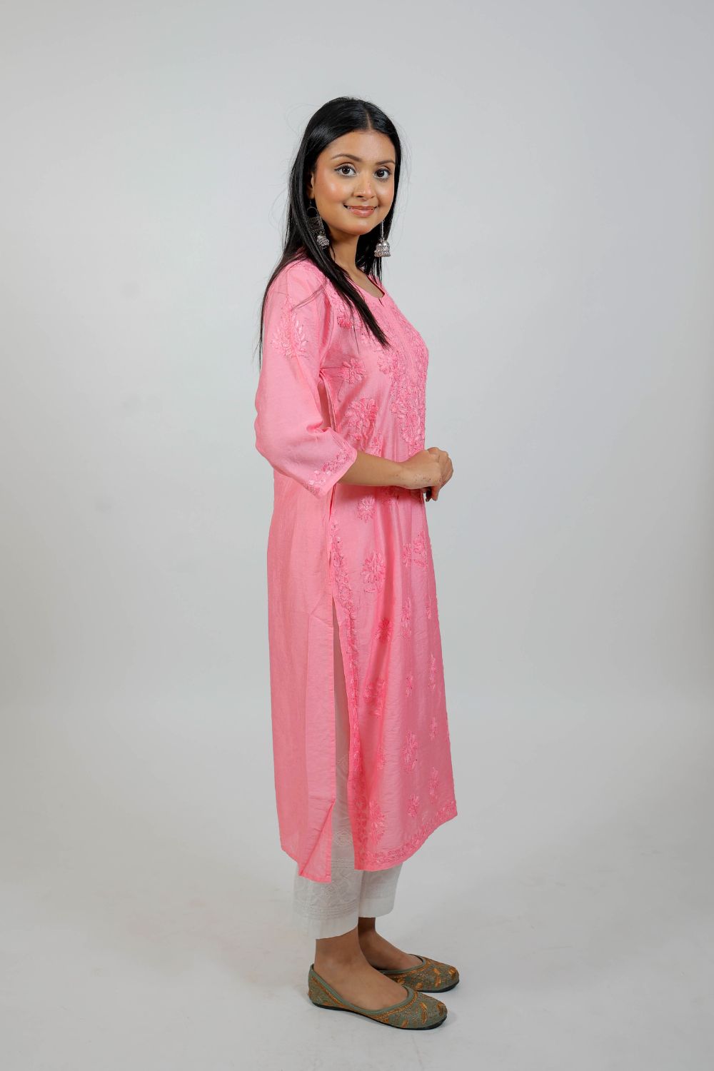 Pink Chanderi Silk Chikankari Kurti