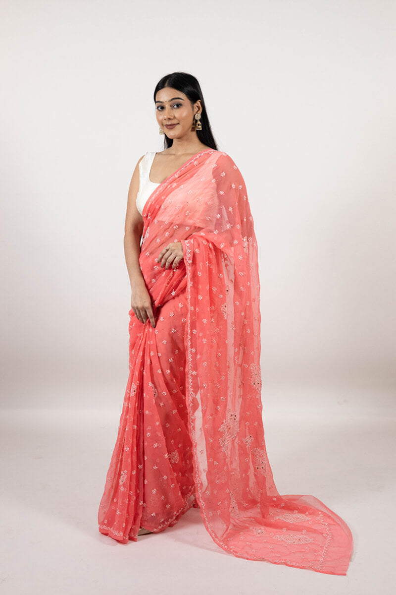 Rosy Pink Saree with Mukesh Work & White Thread Embroidery