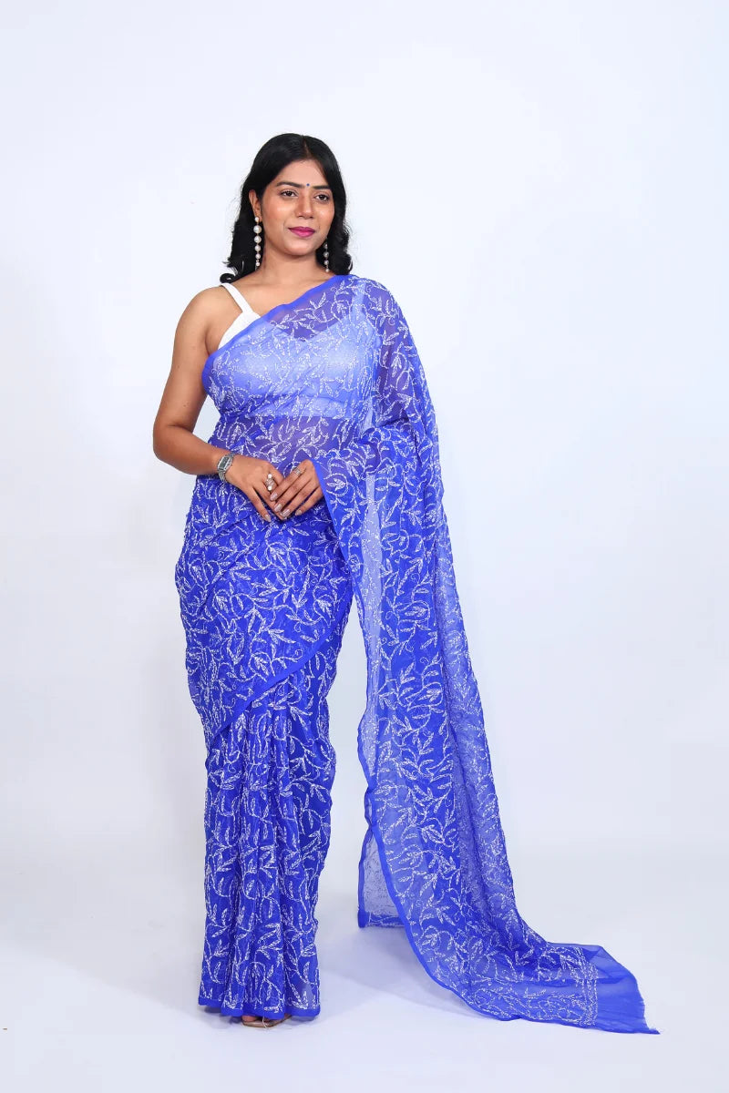 Royal Blue Tepchi Chikankari Saree