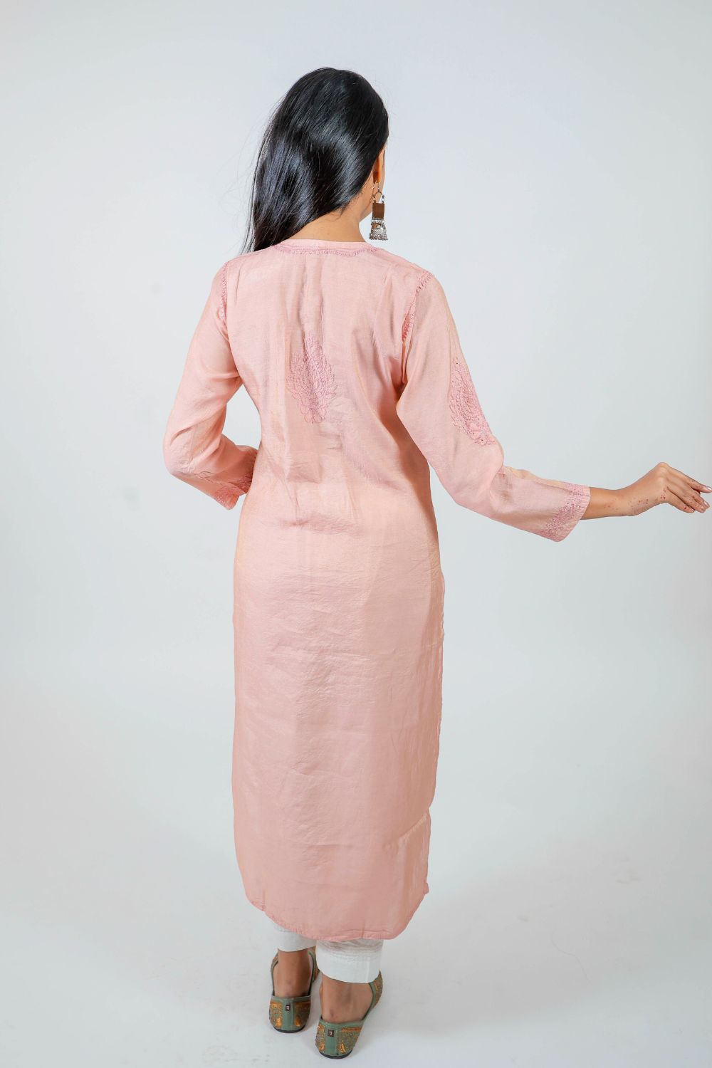 Soft Pink Chanderi Silk Chikankari Kurti