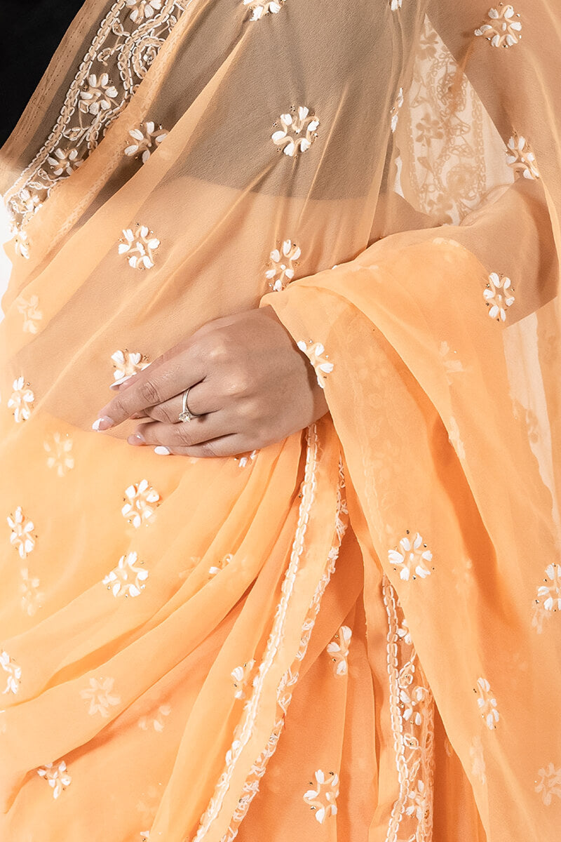 Orange Chikankari Saree with Mukesh Work & Floral Motif Embroidery