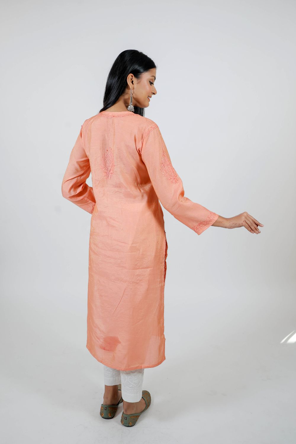 Orange Chanderi Silk Chikankari Kurti
