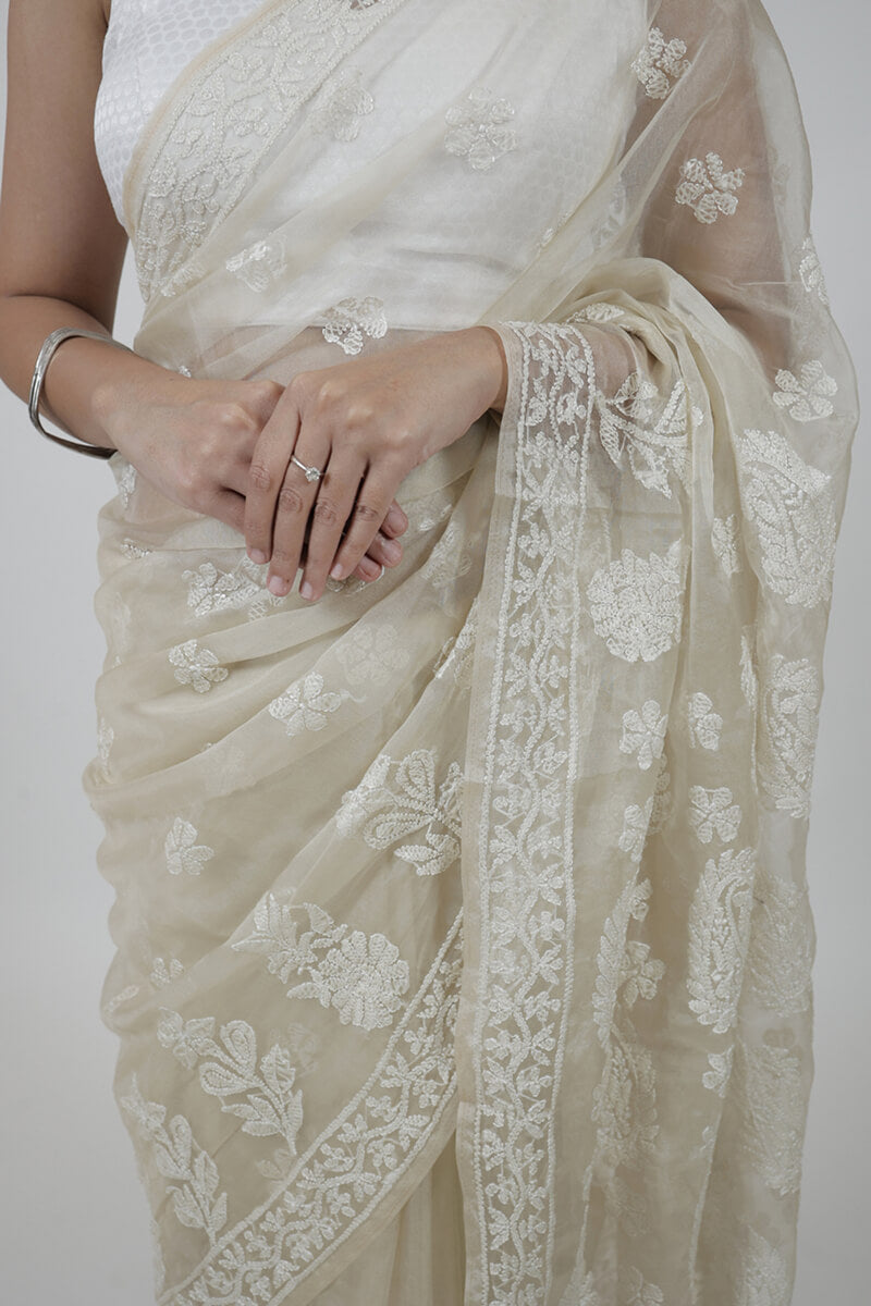 Ivory Organza Tissue Chikankari Hand-Embroidered Saree