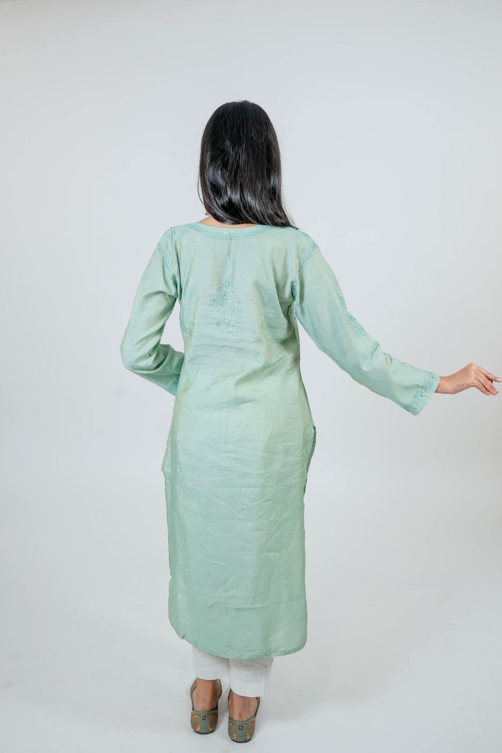 Mint Green Chanderi Silk Chikankari Kurti