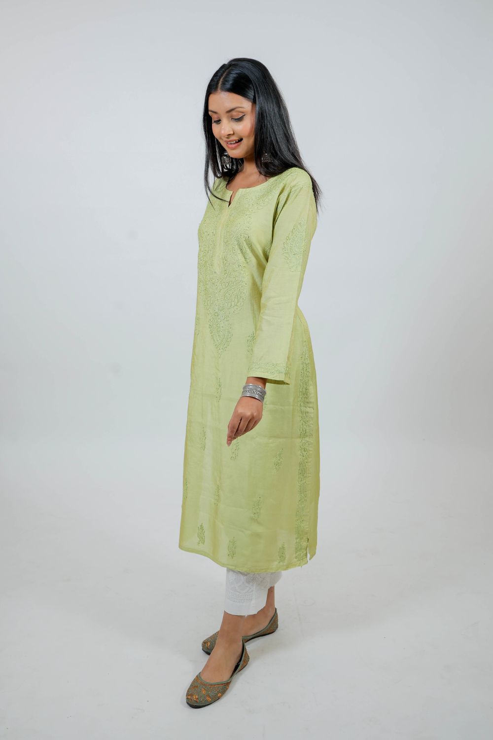 Parrot Green Chanderi Silk Chikankari Kurti