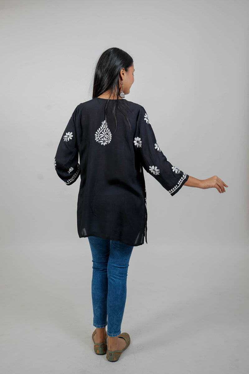 Black Mul Cotton Chikankari Short Kurti