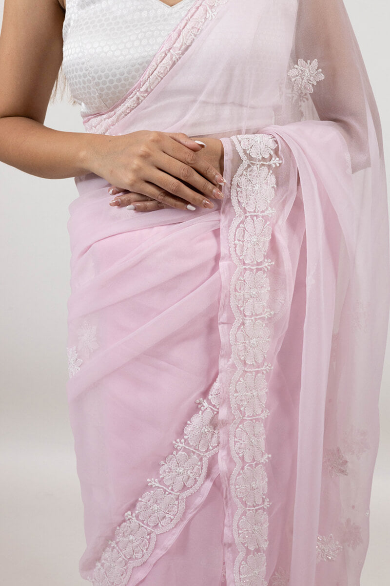 Baby Pink Georgette Saree with Katdana & Pearl Chikankari Embroidery