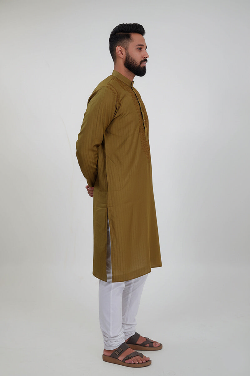 Olive Green Soft Cotton Chikankari Men Kurta
