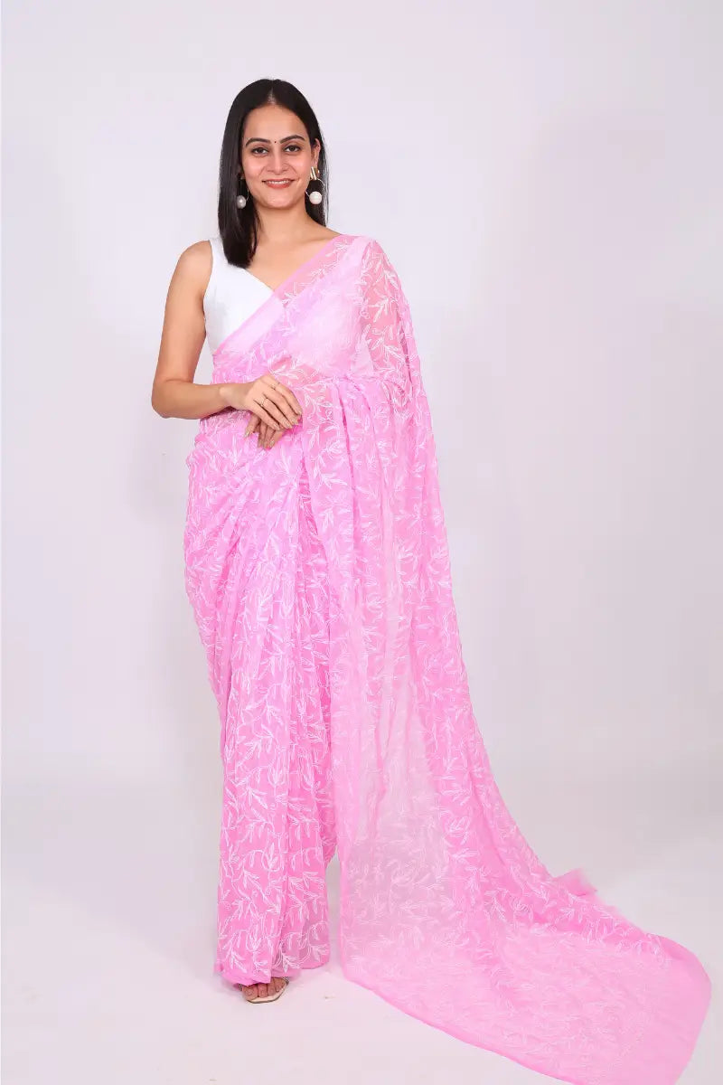 Pink Chikankari Saree with Handcrafted Floral Beauty