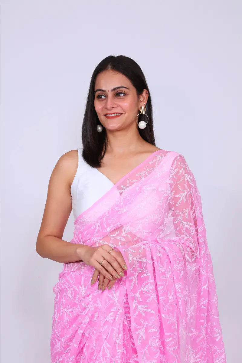 Pink Chikankari Saree with Handcrafted Floral Beauty