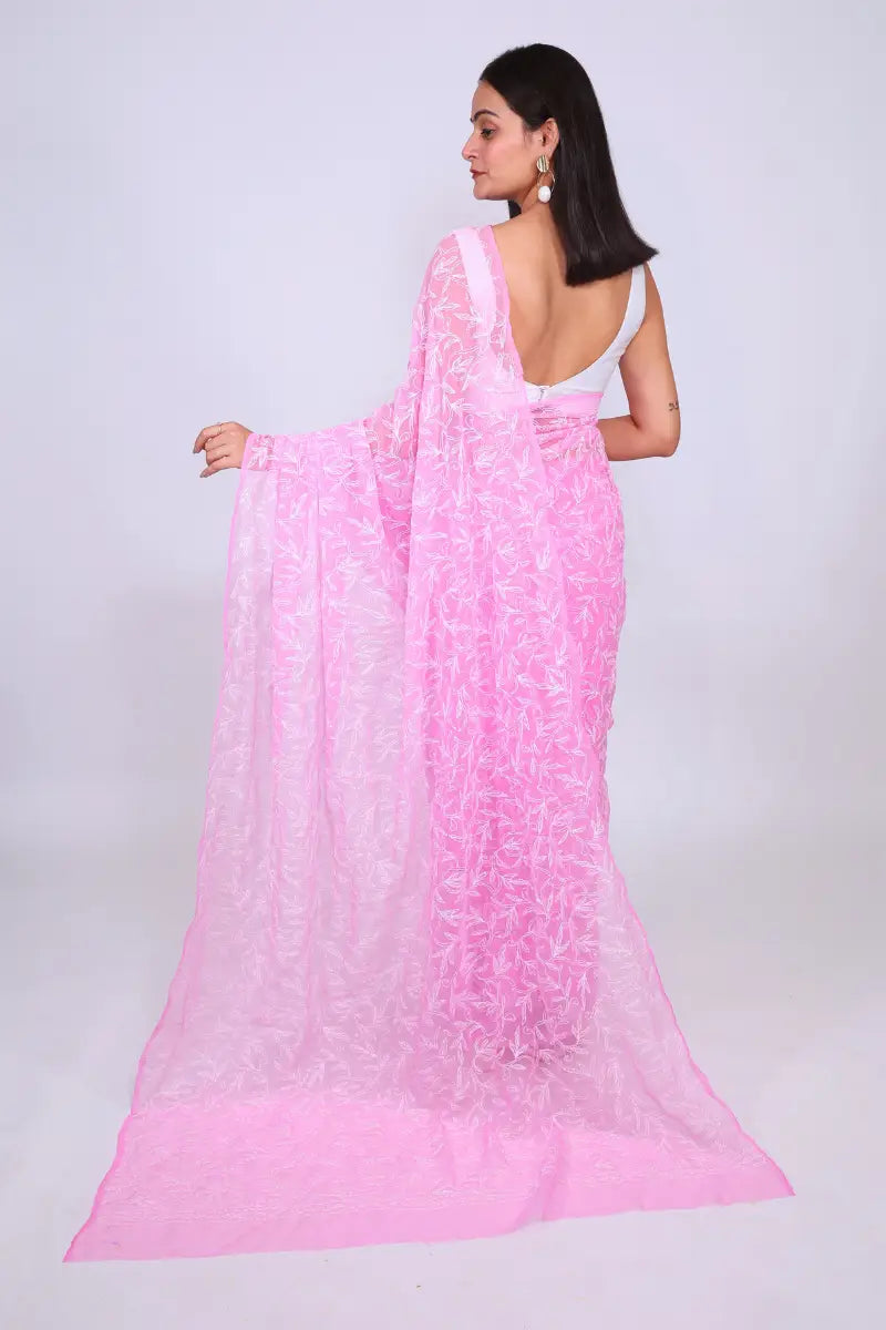 Pink Chikankari Saree with Handcrafted Floral Beauty