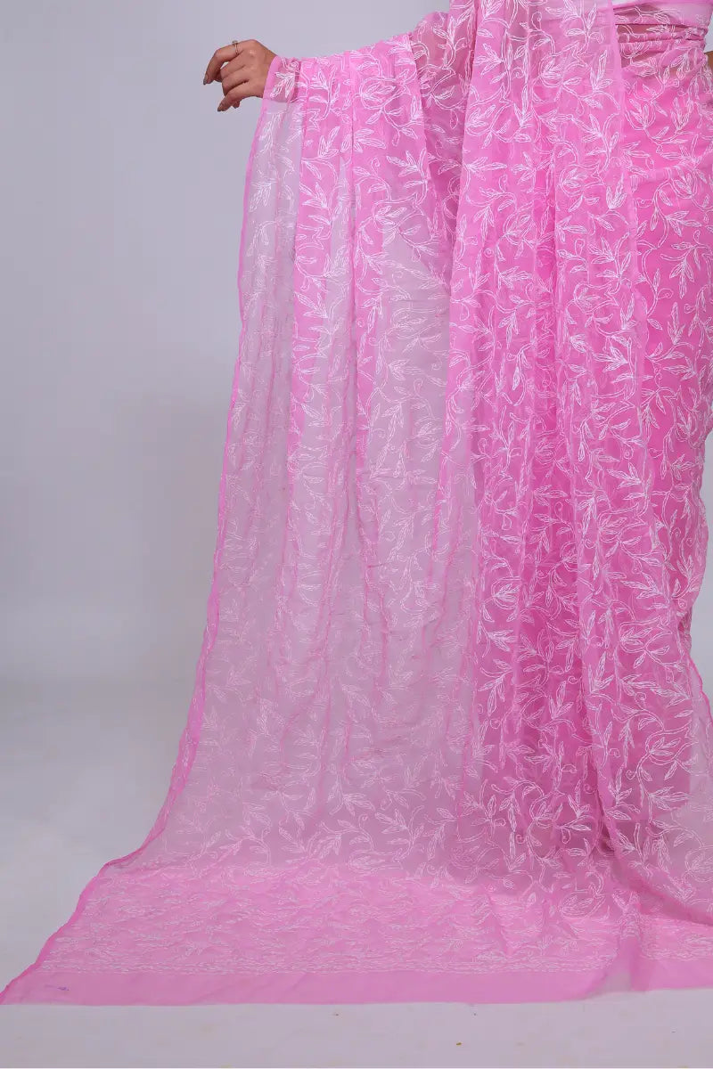 Pink Chikankari Saree with Handcrafted Floral Beauty