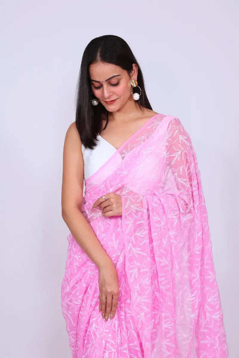 Pink Chikankari Saree with Handcrafted Floral Beauty