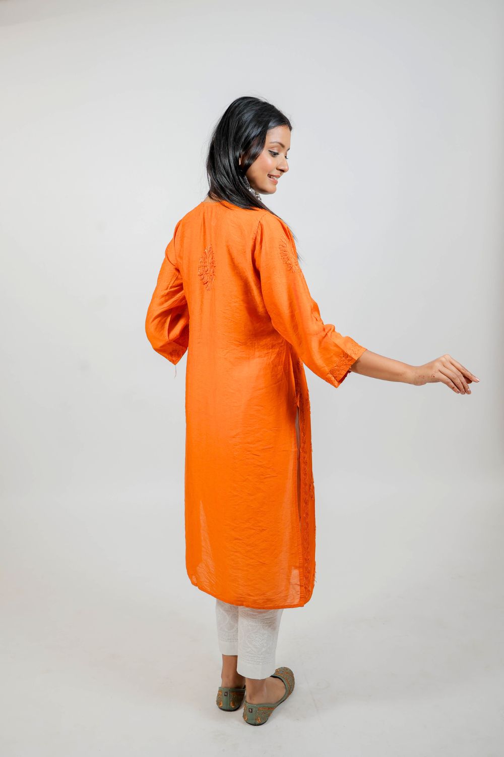 Rust Chanderi Silk Chikankari Kurti