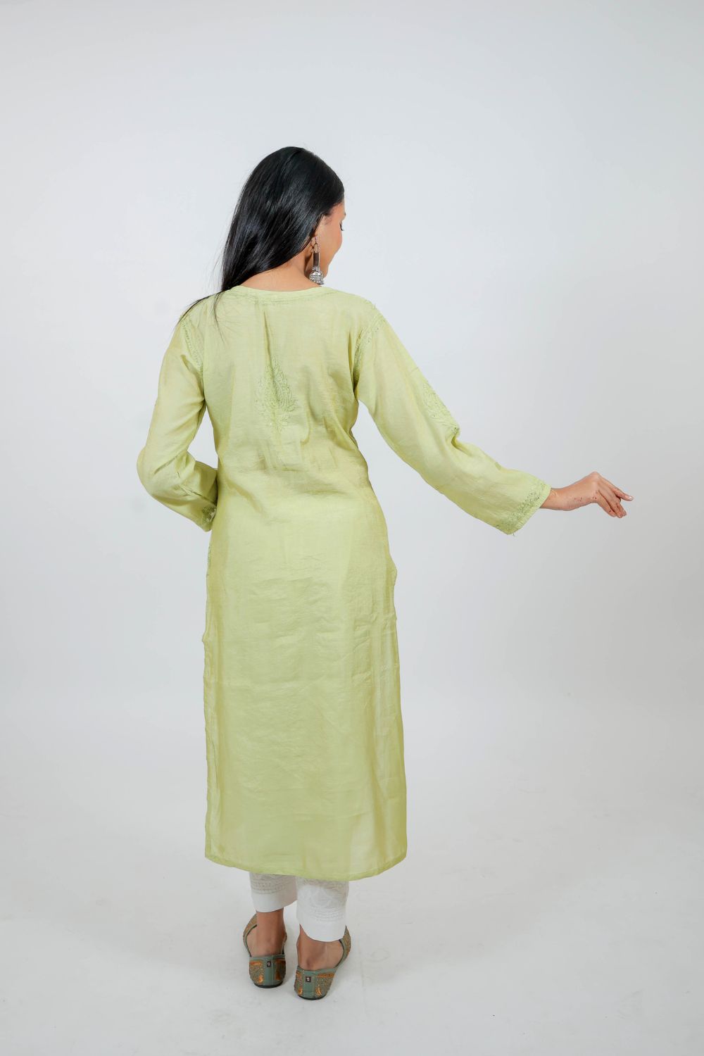Parrot Green Chanderi Silk Chikankari Kurti