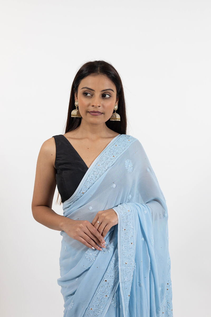 Powder Blue Georgette Saree with Mukesh Work & Resham Dhaga Embroidery