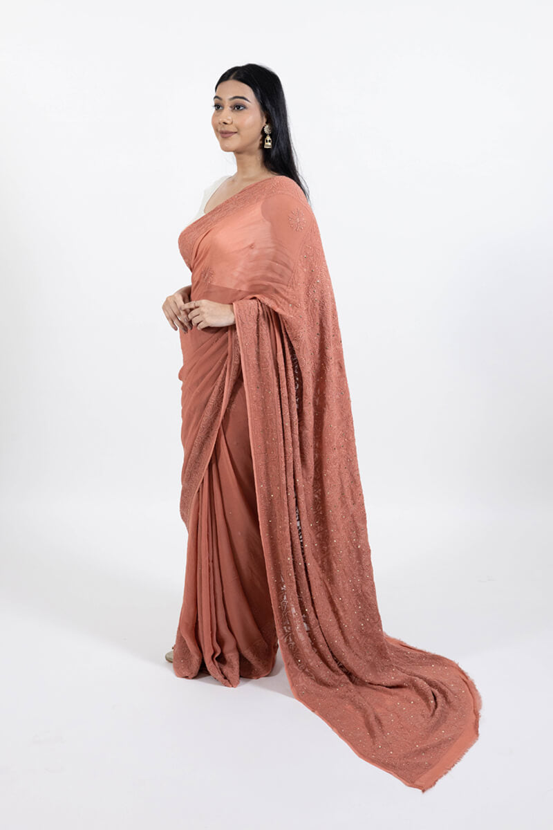 Rust Georgette Saree with Mukesh Work & Resham Dhaga Embroidery