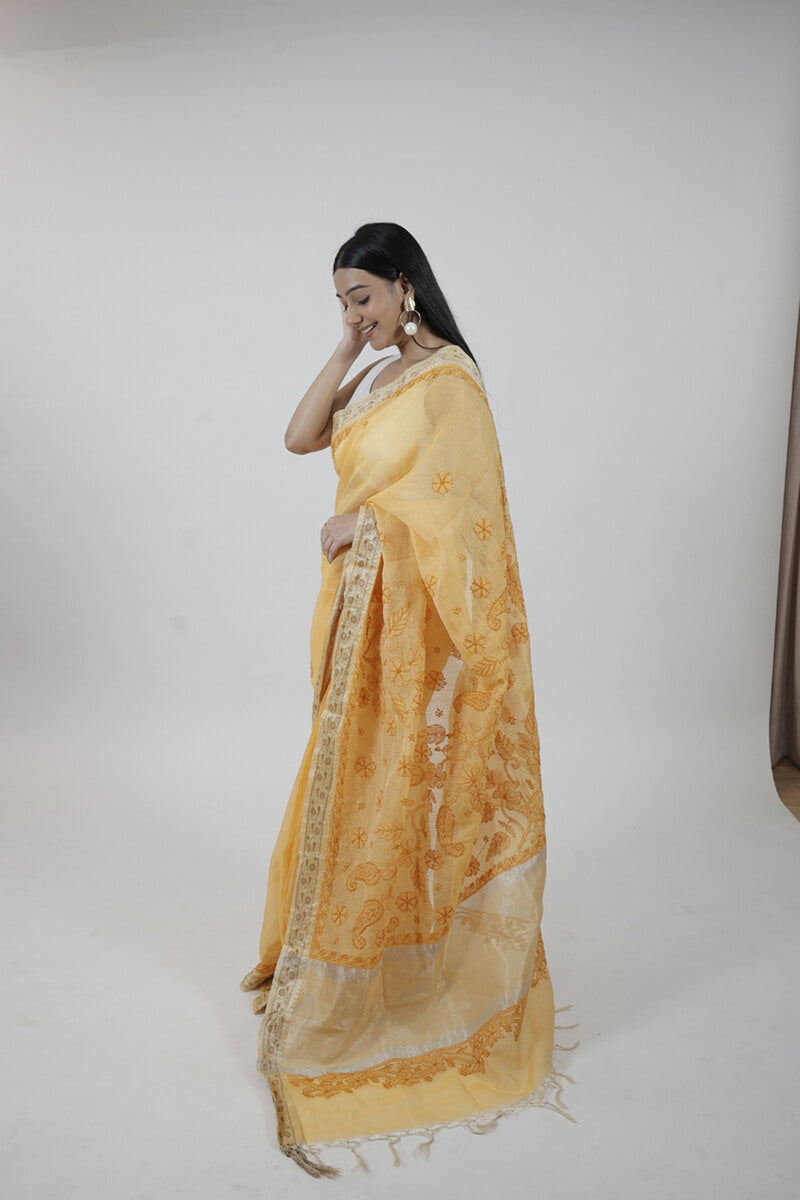 Orange Kota Chikankari Hand-Embroidered Saree