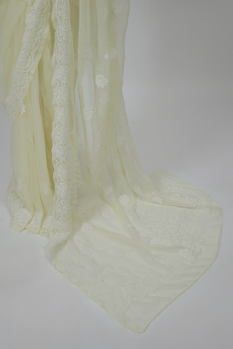Pale Beige Georgette Saree with Pearl & Katdana Work
