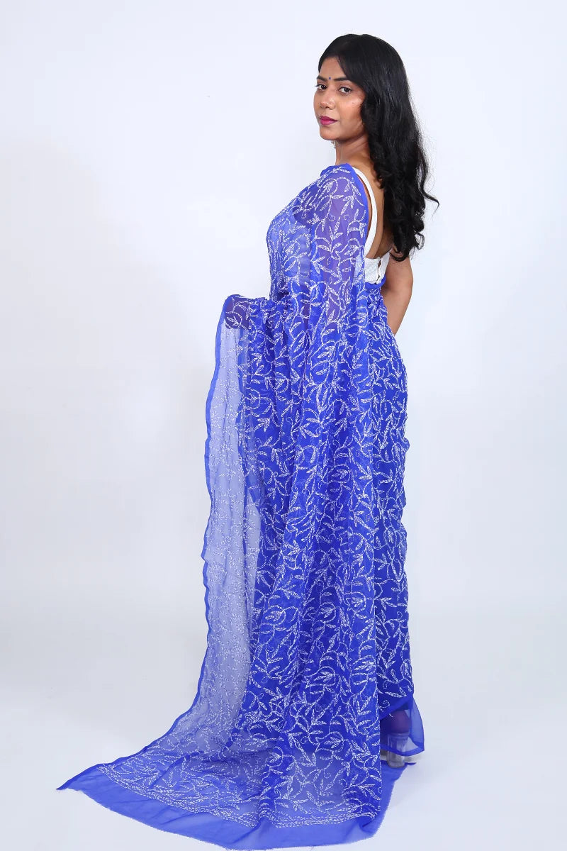 Royal Blue Chikankari Saree with Handcrafted Floral Beauty