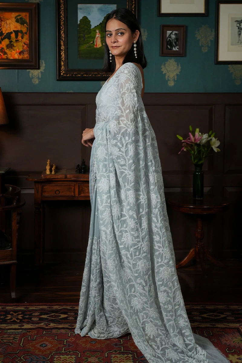 Dove Grey Georgette Saree with Understated Chikankari Elegance