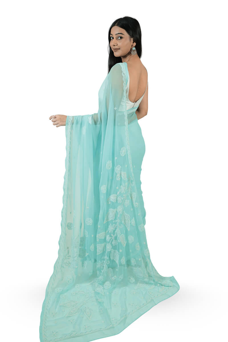 Aqua Blue Georgette Saree with Pearl & Katdana Work