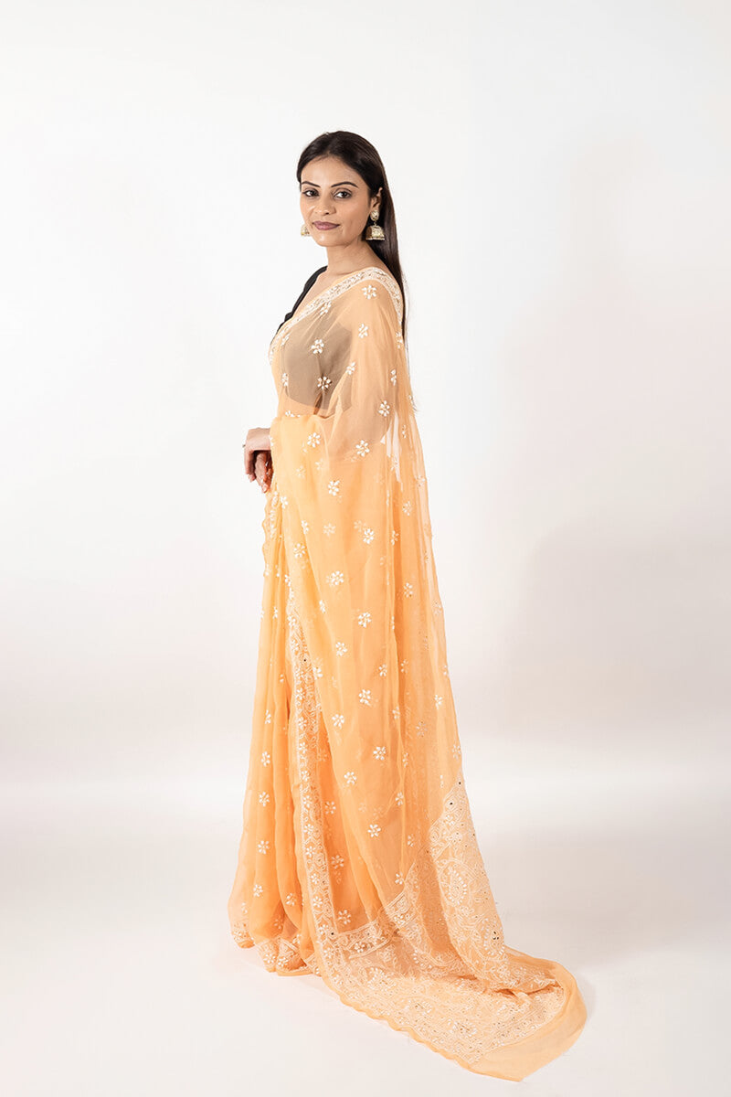 Orange Chikankari Saree with Mukesh Work & Floral Motif Embroidery