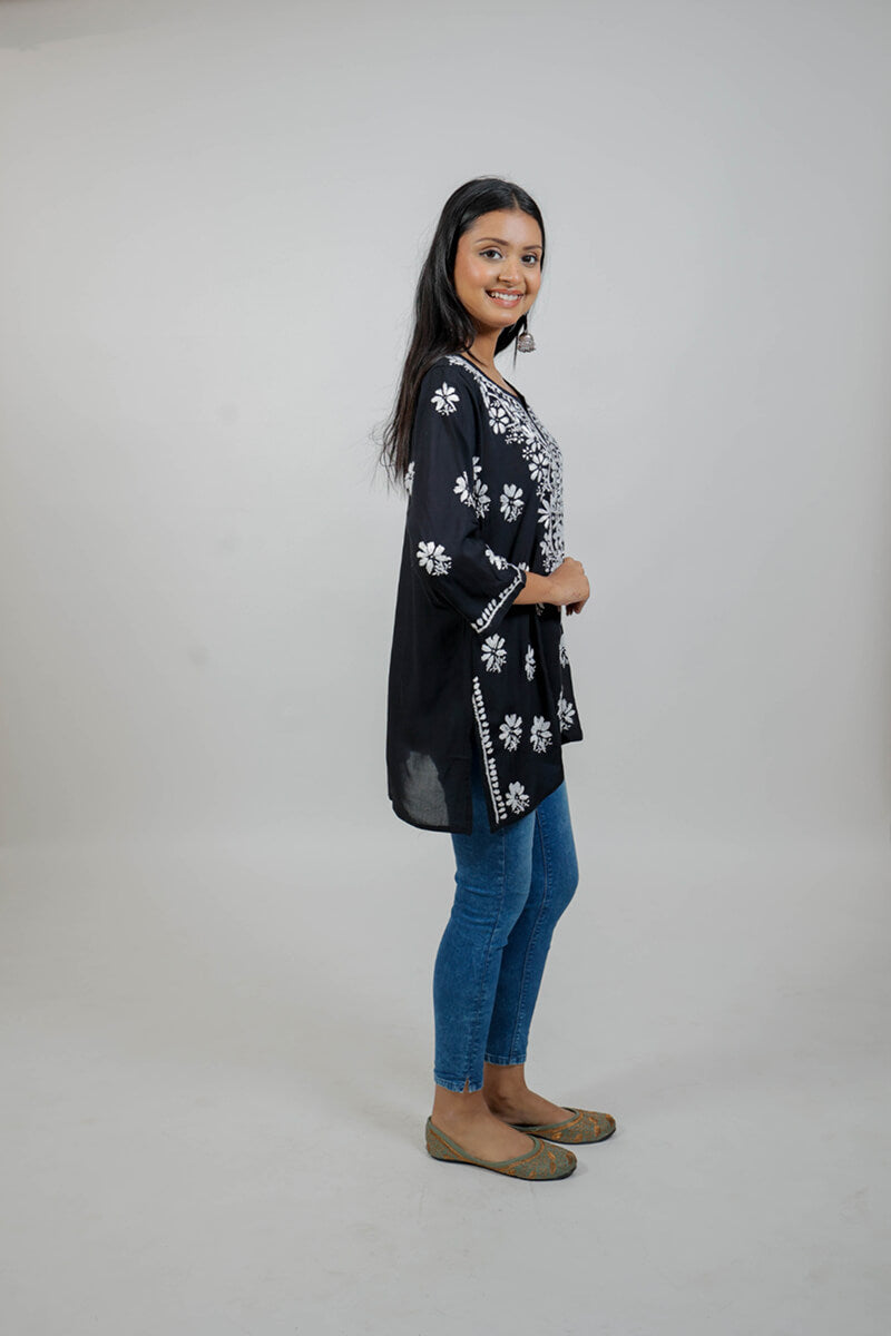 Black Mul Cotton Chikankari Short Kurti