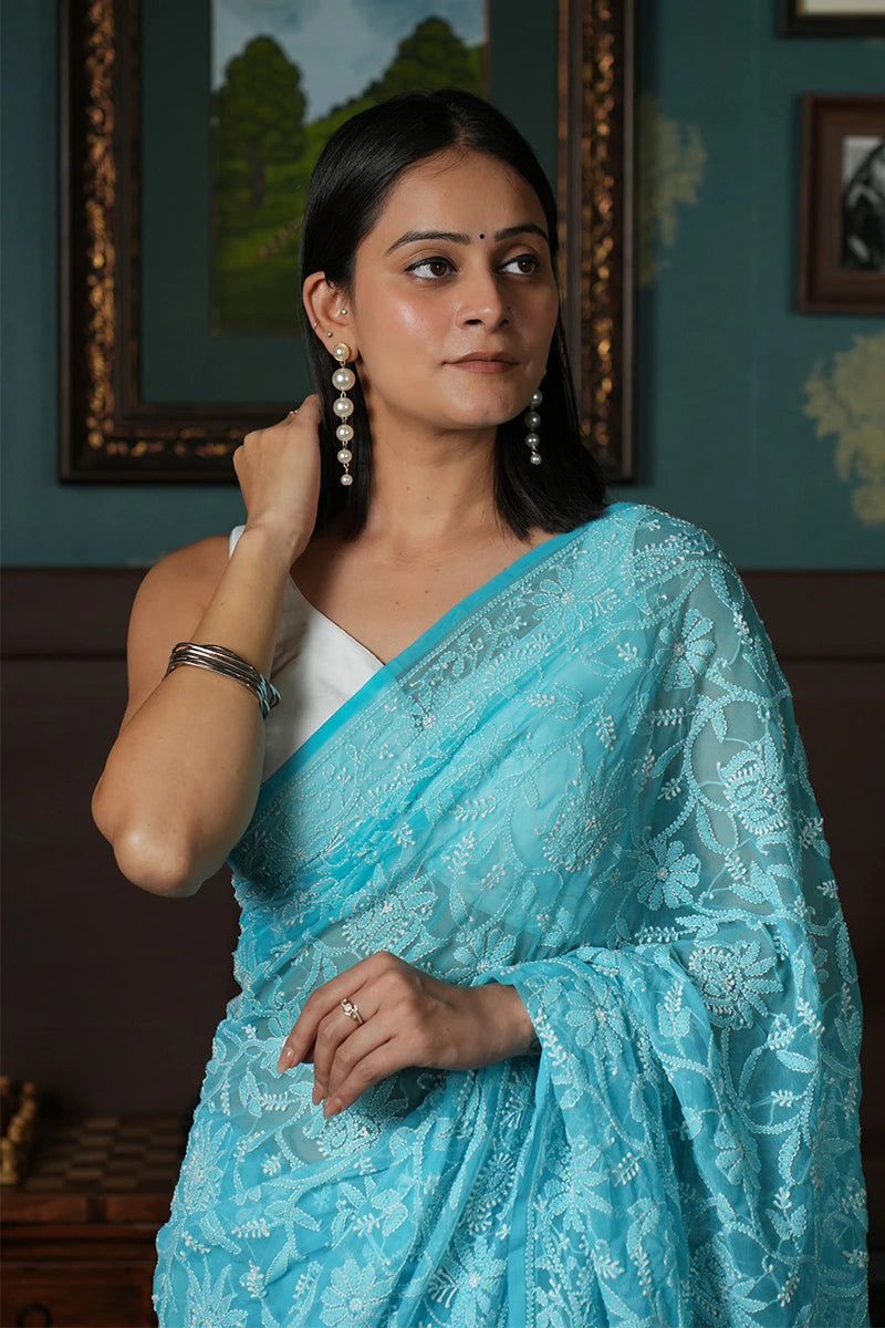 Sky Blue Chikankari Saree with Fresh Floral Embroidery