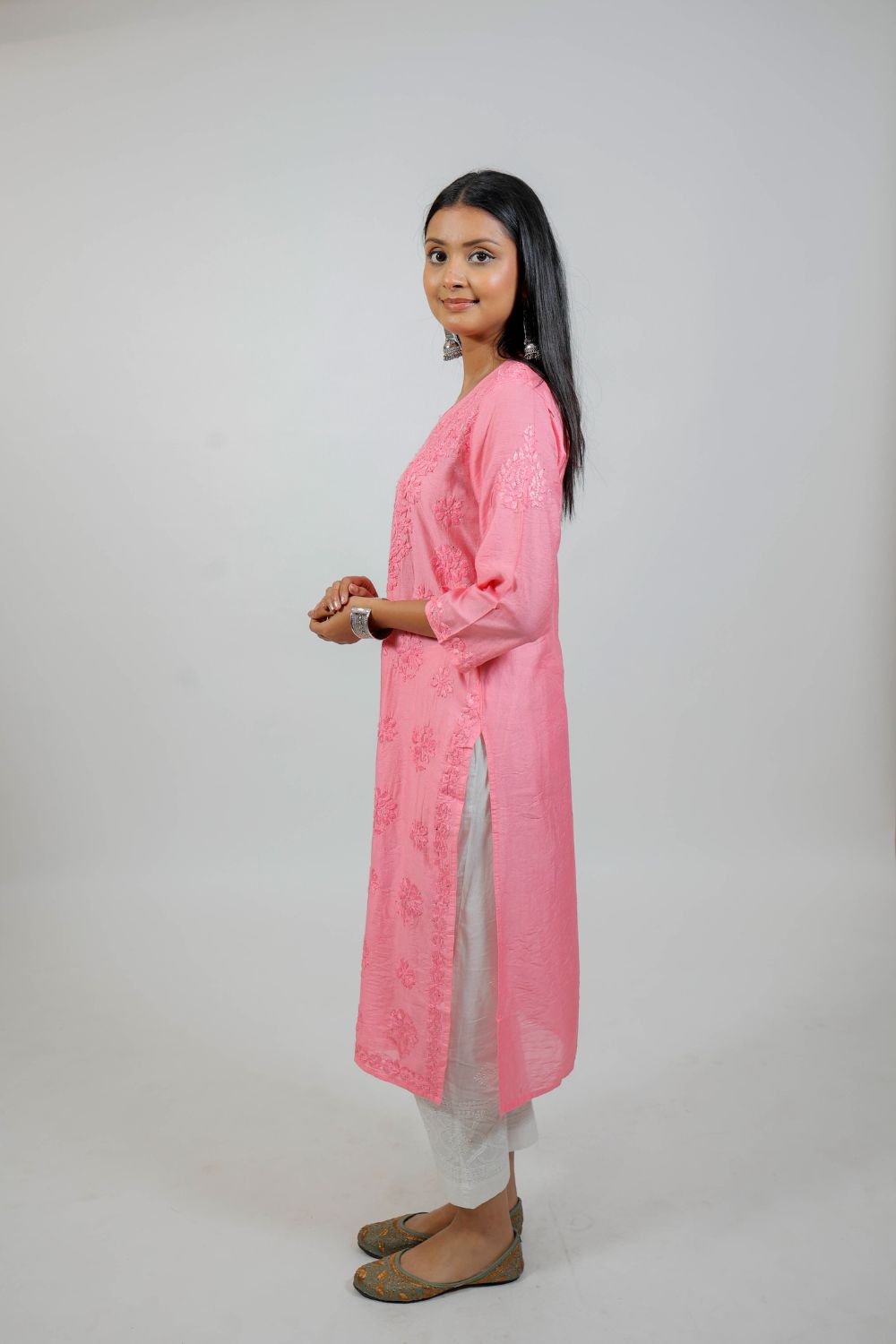 Pink Chanderi Silk Chikankari Kurti