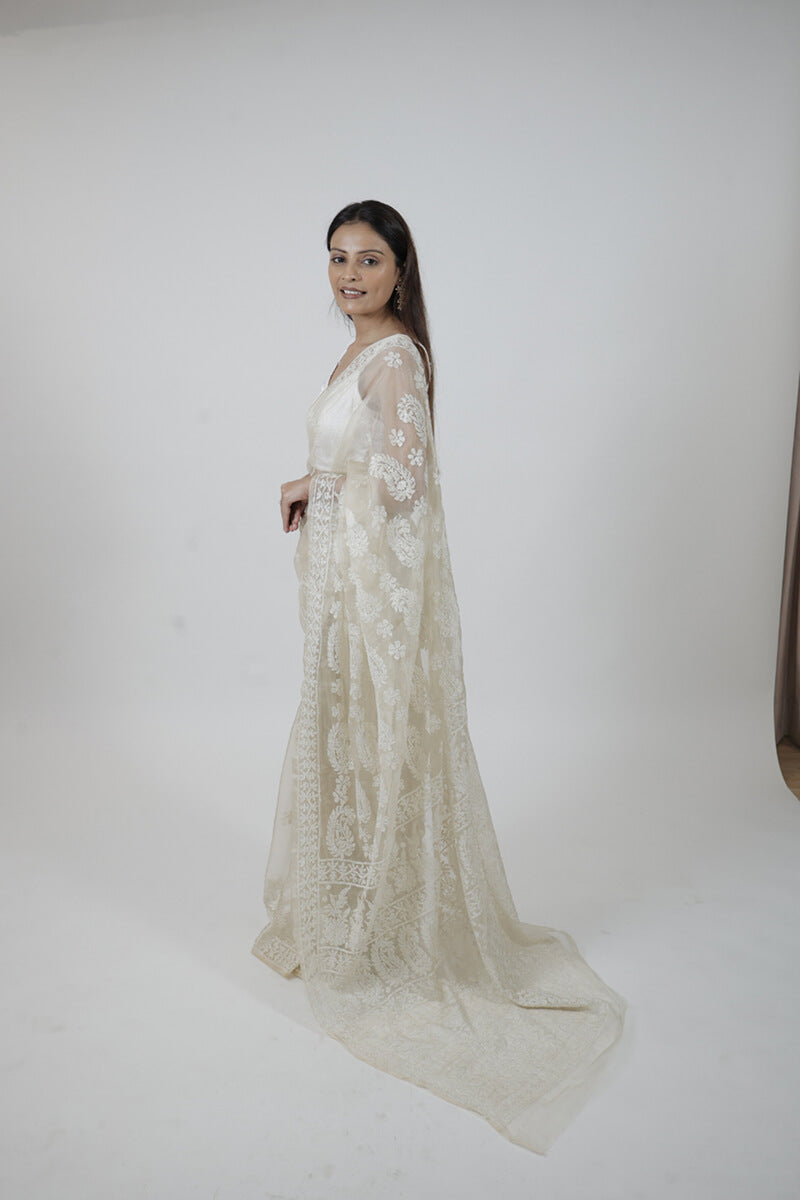 Ivory Organza Tissue Chikankari Hand-Embroidered Saree