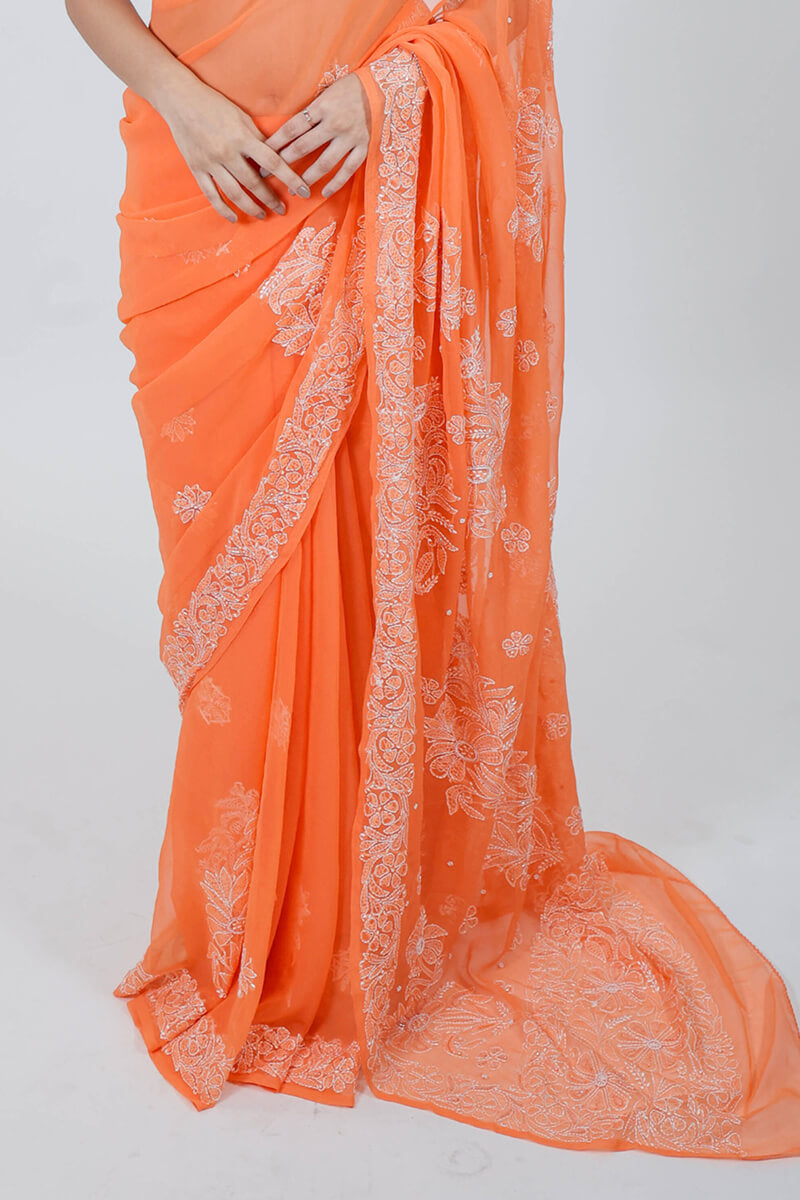 Orange Georgette Saree with Pearl & Katdana Work