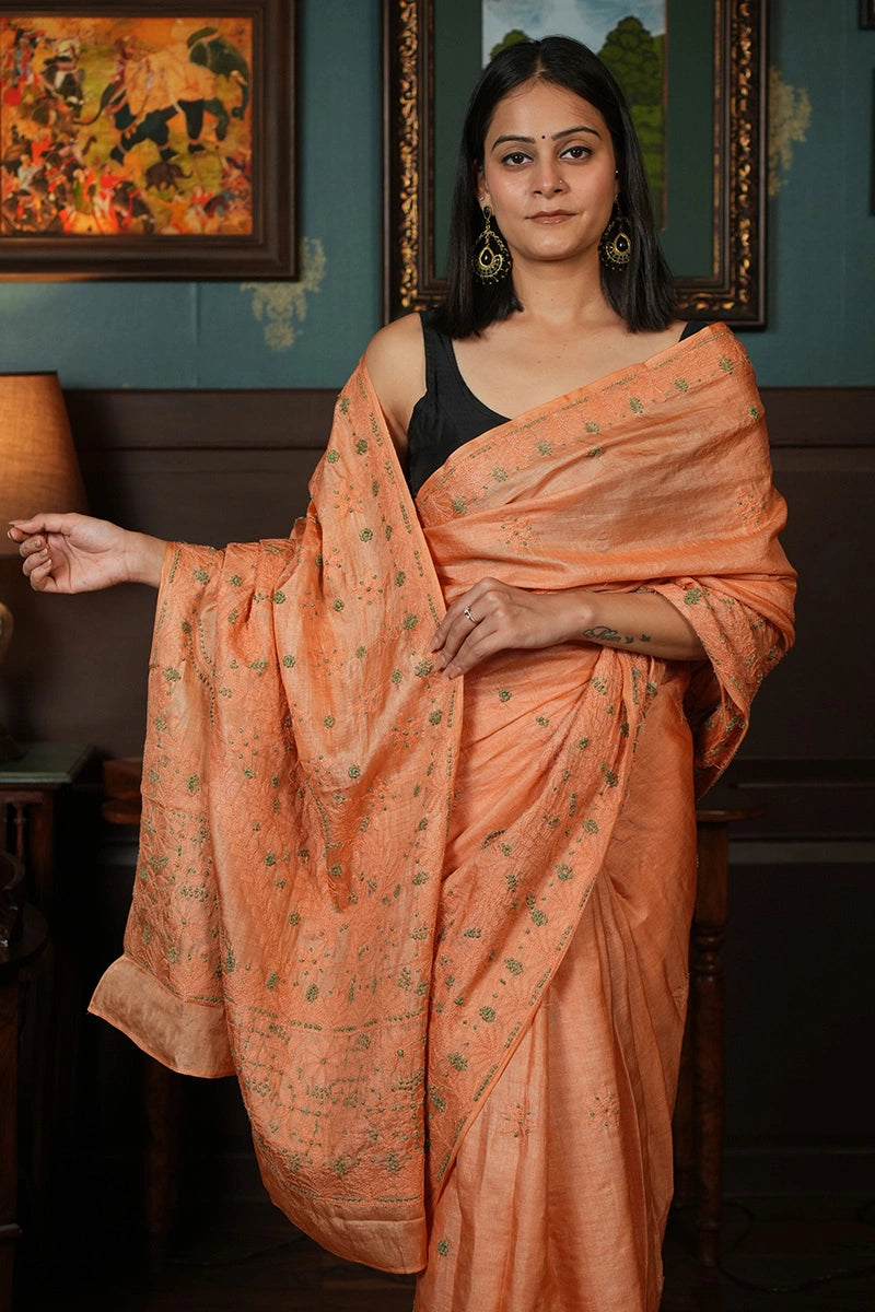 Rust-Orange Chanderi Silk Chikankari Saree with Traditional Paisley Motifs