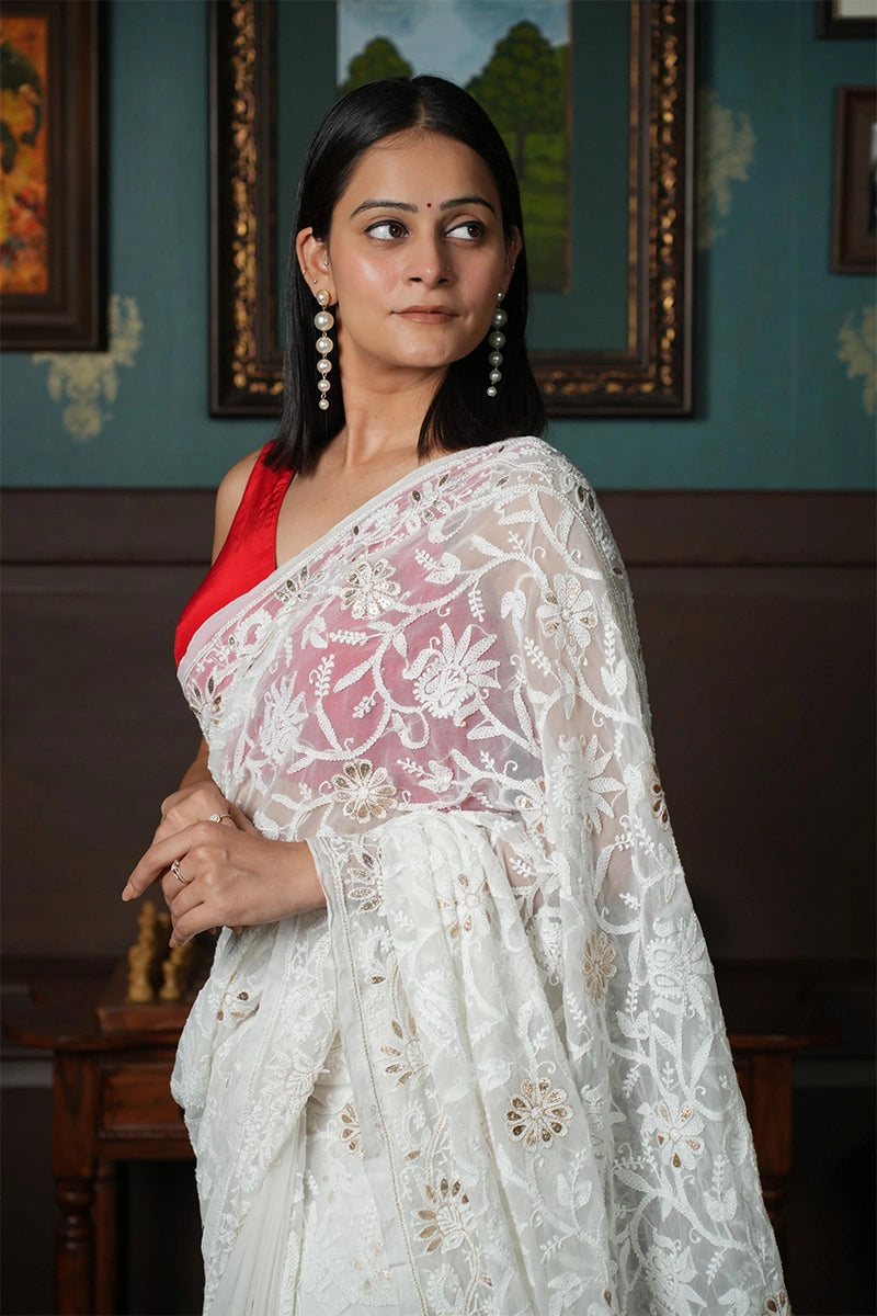White Georgette Saree with Gotapatti Chikankari Embroidery