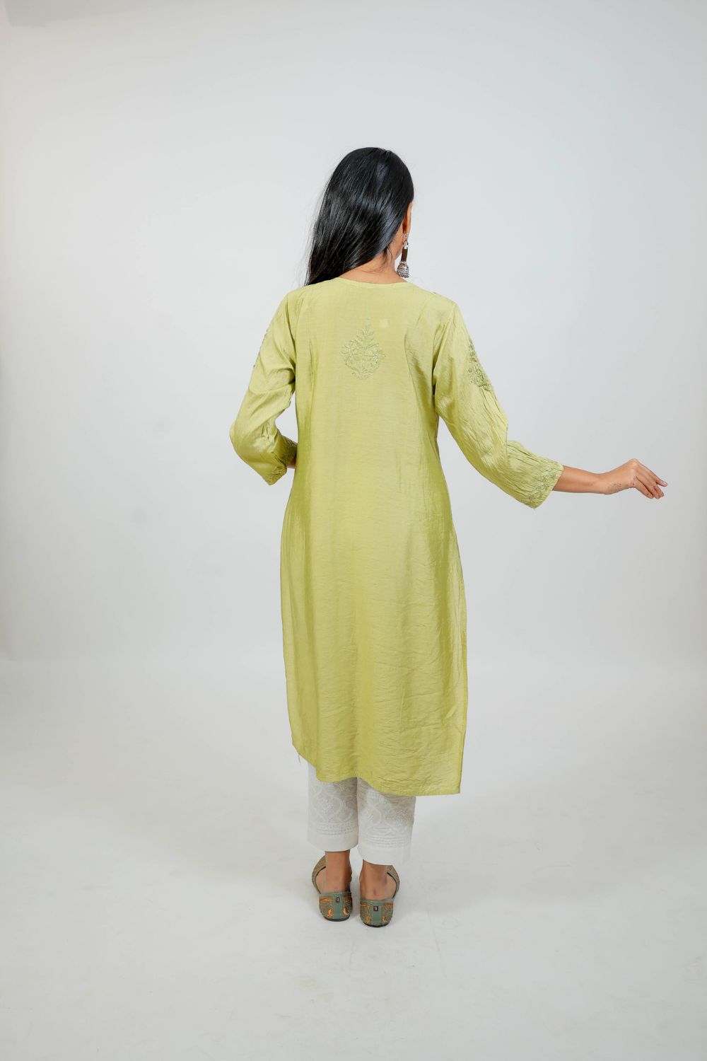 Mehendi Green Chanderi Silk Chikankari Kurti