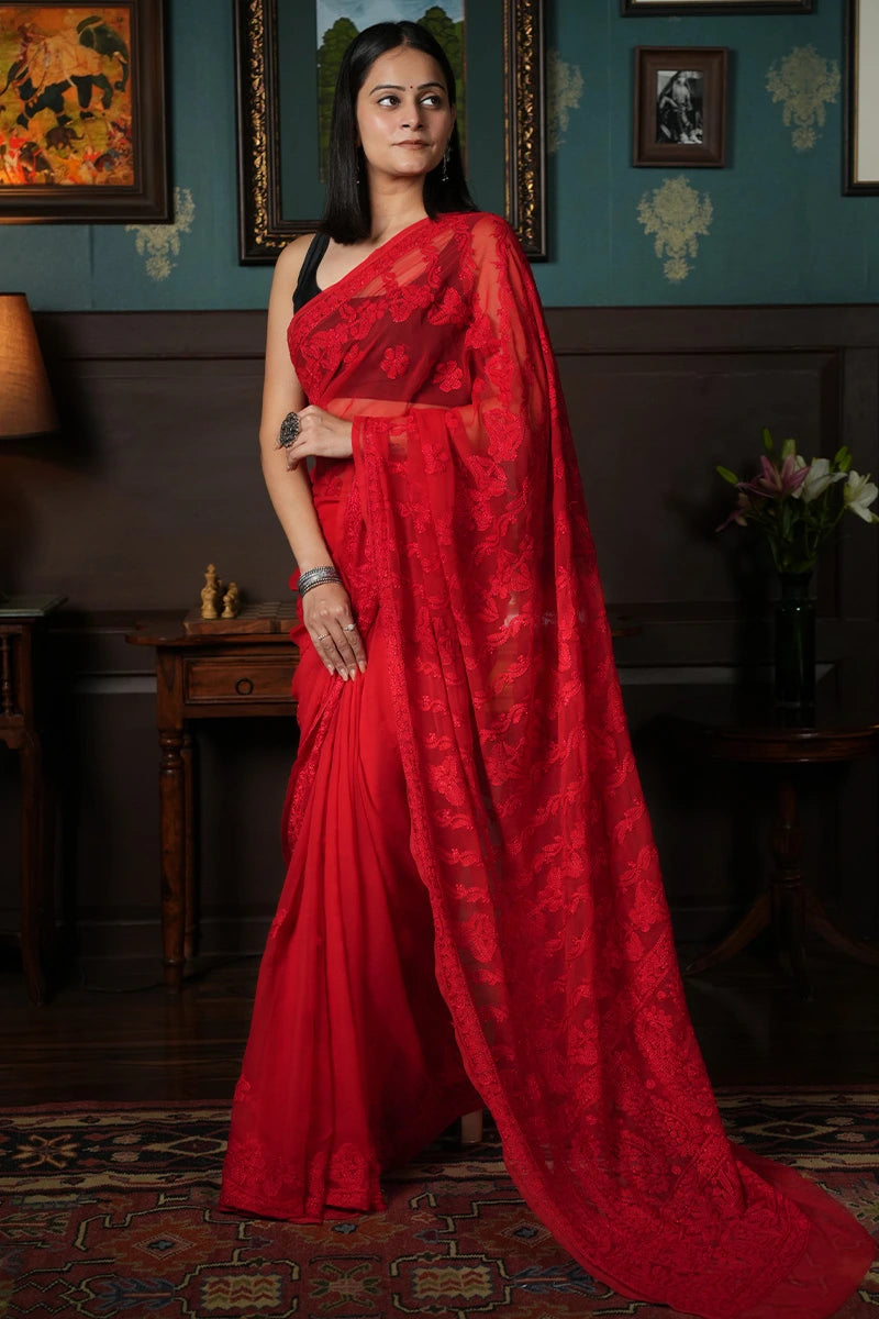 Red Georgette Saree with Intricate Chikankari Floral Work