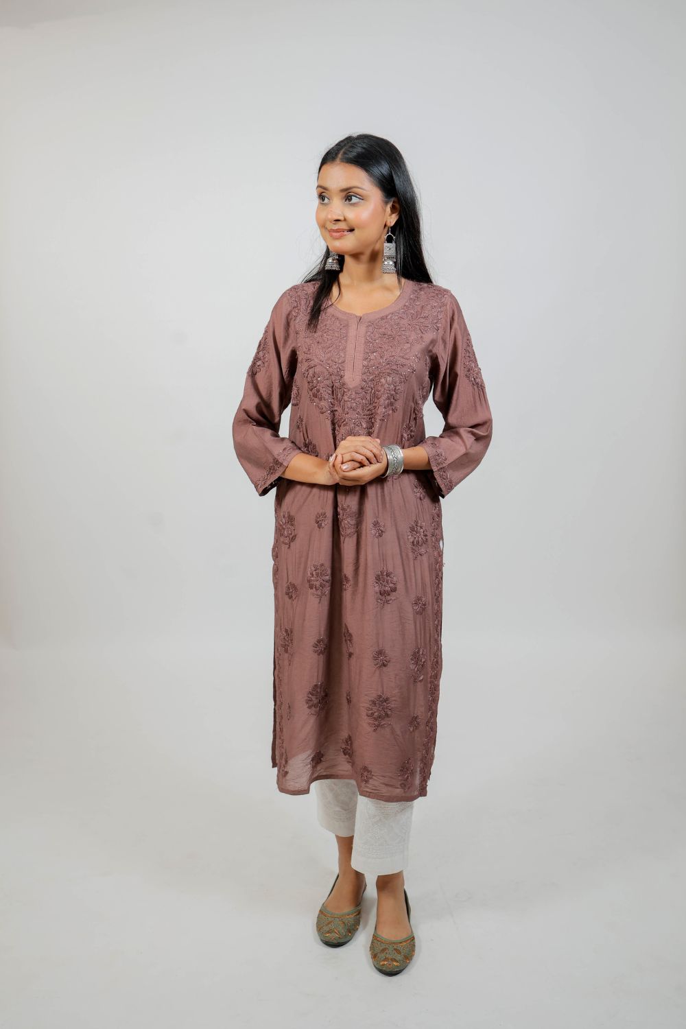 Choco Brown Chanderi Silk Chikankari Kurti