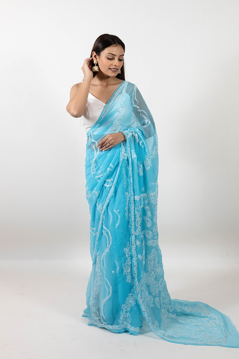 Sea Blue Chikankari Saree with Mukesh Work