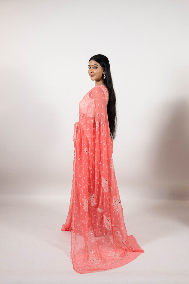 Rosy Pink Saree with Mukesh Work & White Thread Embroidery