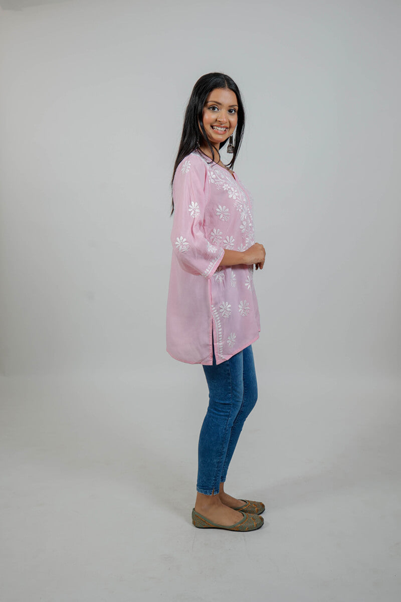 Pink Mul Cotton Chikankari Short Kurti