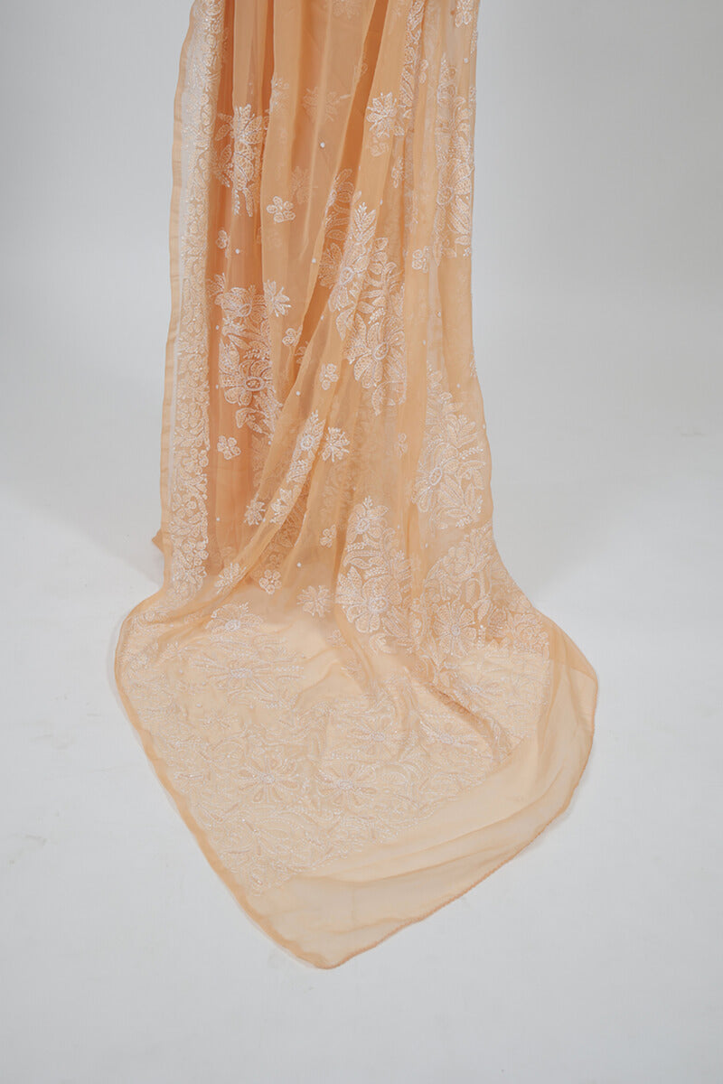 Peach Chikankari Saree with Pearl & Katdana Work