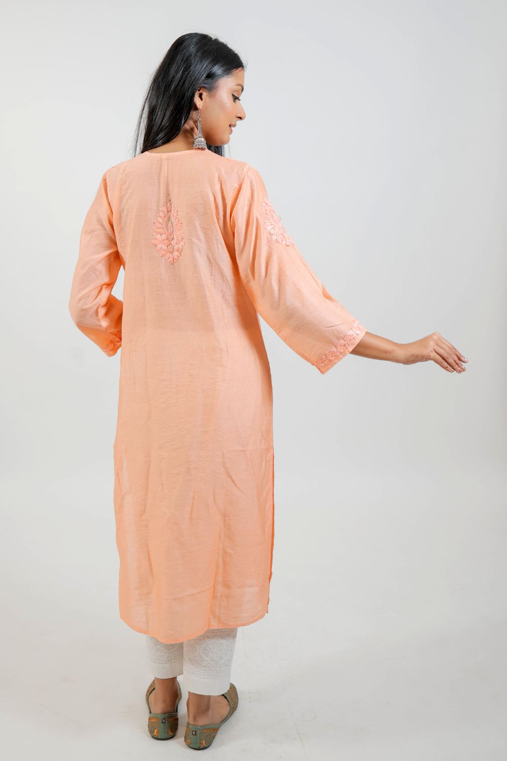 Peach Chanderi Silk Chikankari Kurti