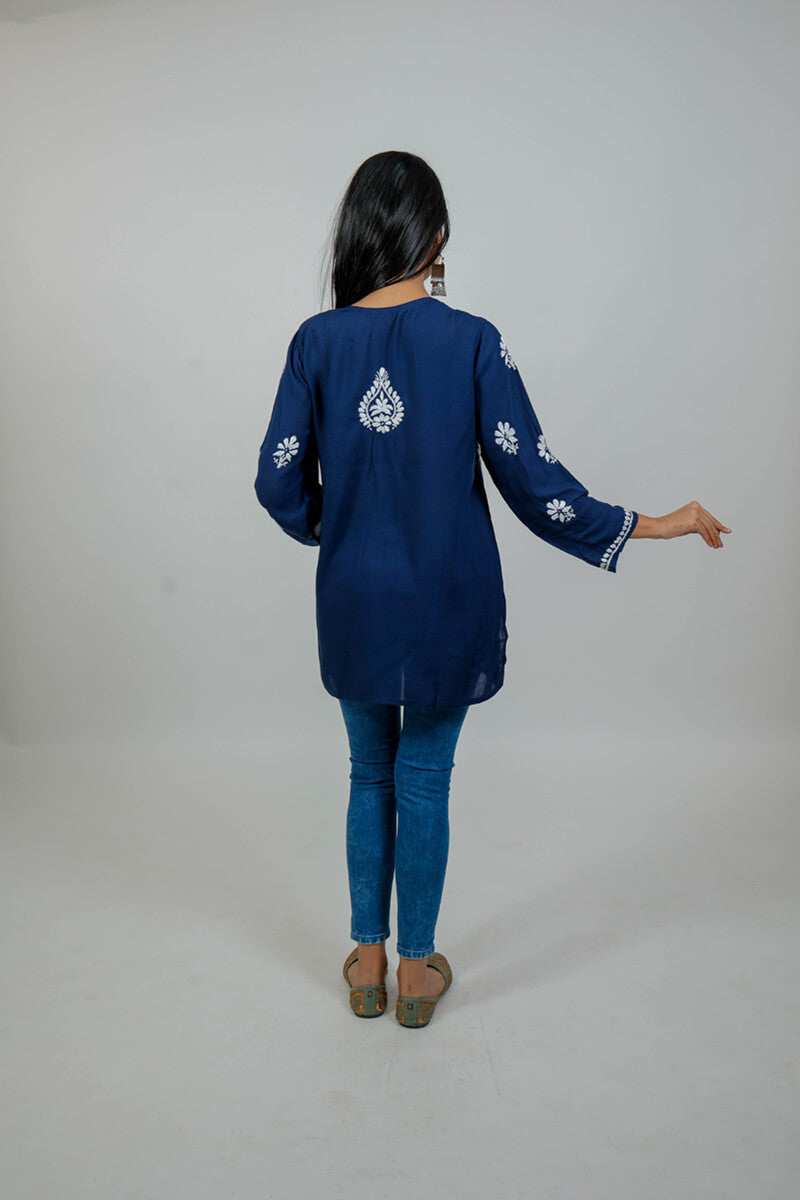 Navy Blue Mul Cotton Chikankari Short Kurti