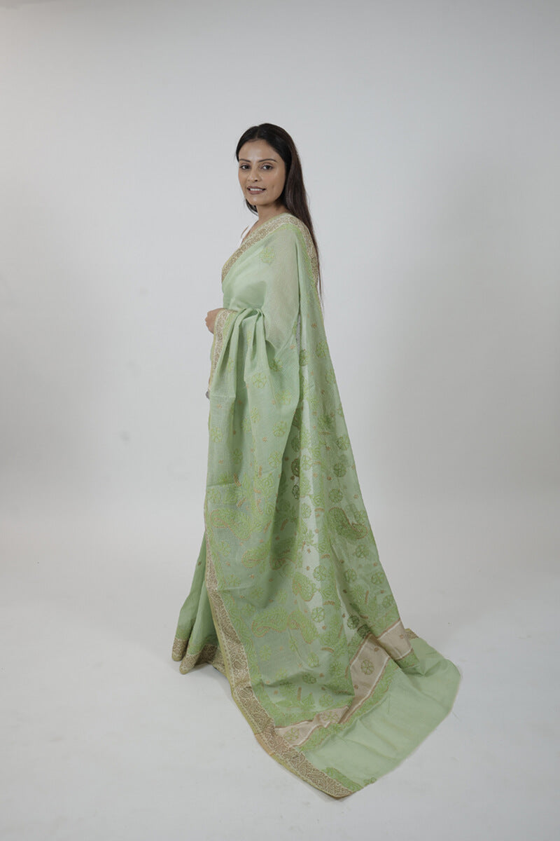 Green Kota Hand-Embroidered Chikankari Saree