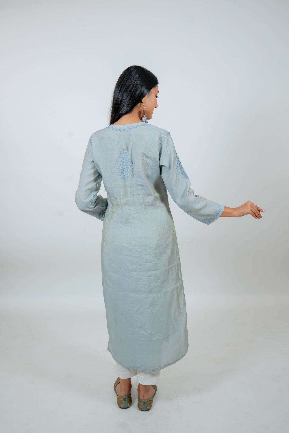 Grey Chanderi Silk Chikankari Kurti